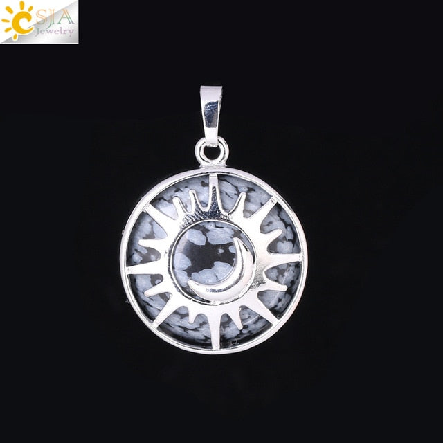 CSJA Sun & Moon Pendant Reiki Healing Natural Stone Purple White Crystal Quartz Beads for Jewelry Making Necklace