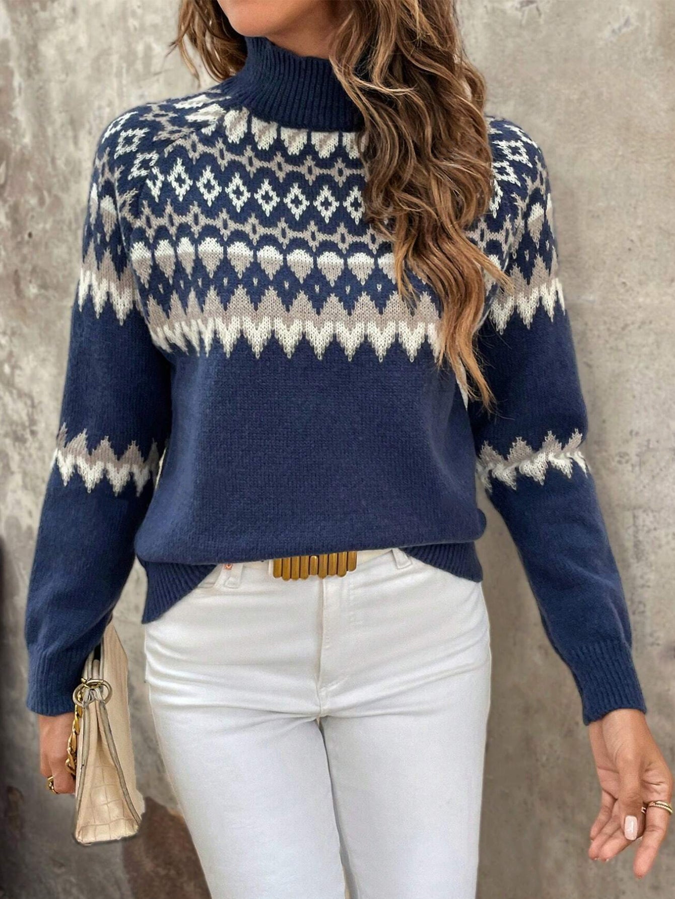 Polyester Sweater | Navy Blue, Red, Long Sleeve, Casual