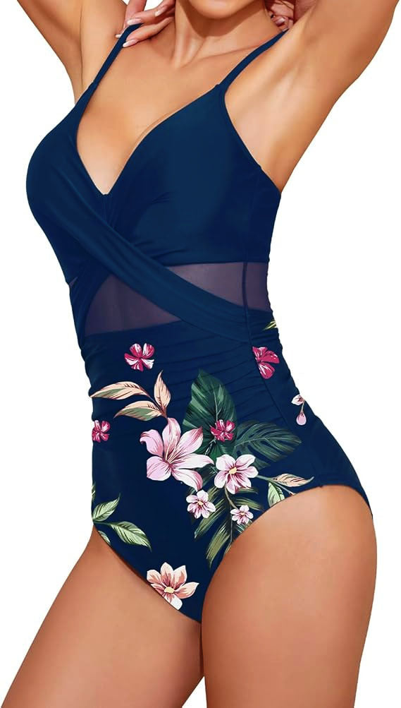 Polyester One-Piece Swimsuit | Pink, Blue, Floral, Striped