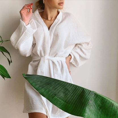 Cotton Bathrobe | Short Length, Off-white & Blue