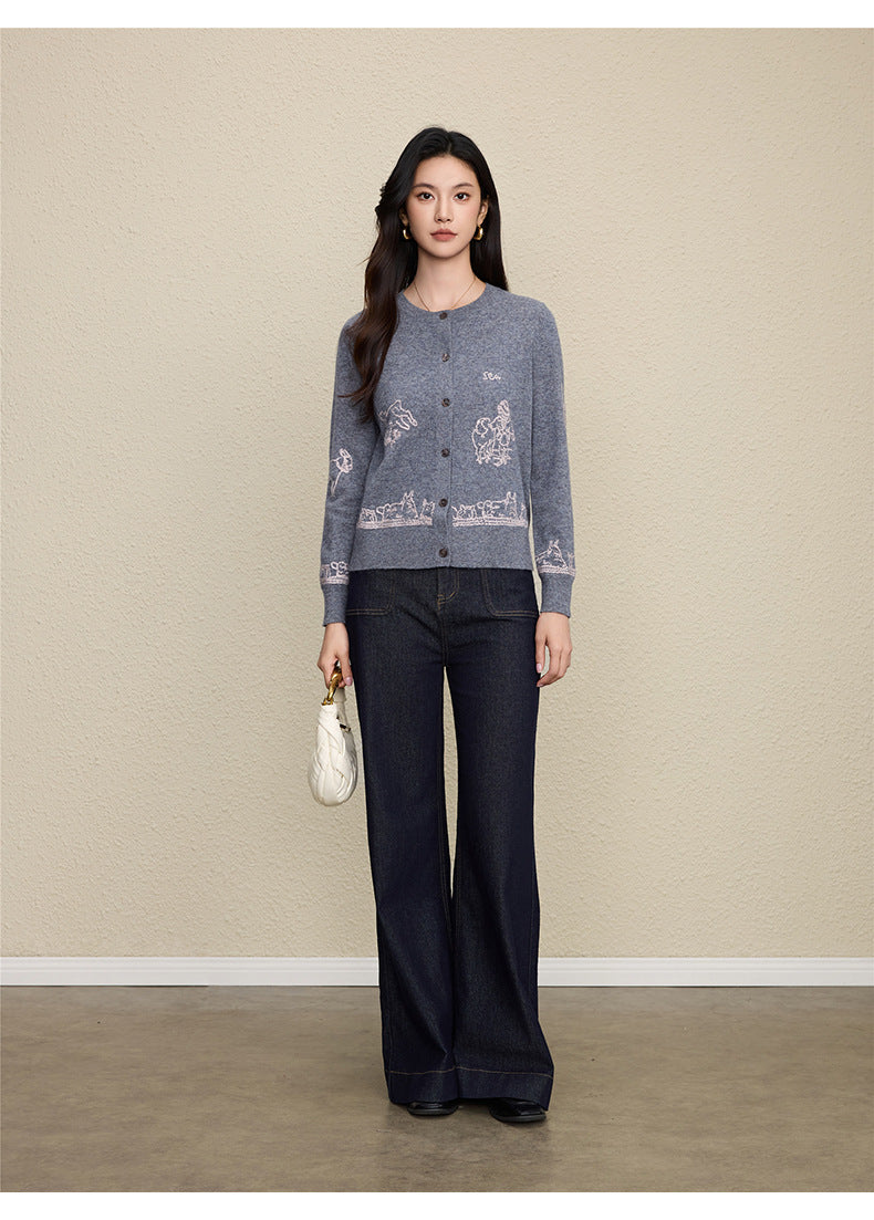 Wool Embroidered Cardigan Sweater | Gray, Dark Blue