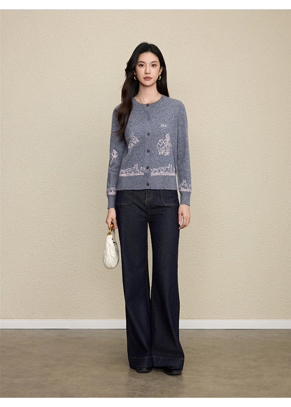 Wool Embroidered Cardigan Sweater | Gray, Dark Blue