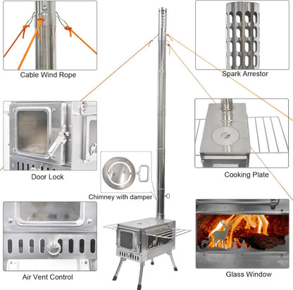 Wood Burning Stove | Portable with Chimney Pipe for Camping