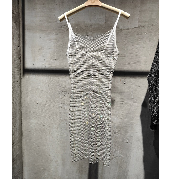 Bungee Sexy Slim Slim Women's Summer New Bright Diamond Crystal Temperament Bag Hip Sling Mid-length Dress Fashion Trend