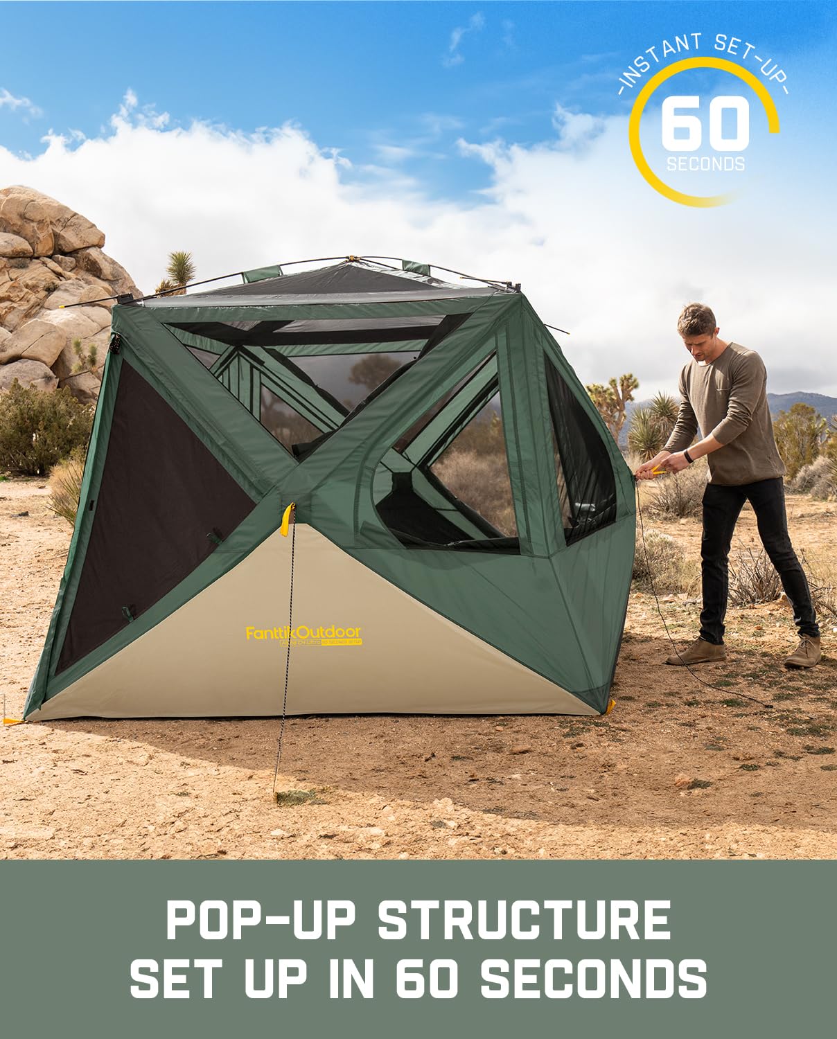 FanttikOutdoor Alpha C4 Ultra Camping Tent 4 Person Pop Up Instant Cabin Setup in 60 Seconds Portable Hub Tent with Rainfly & Windproof for Outdoor Camping & Overlanding