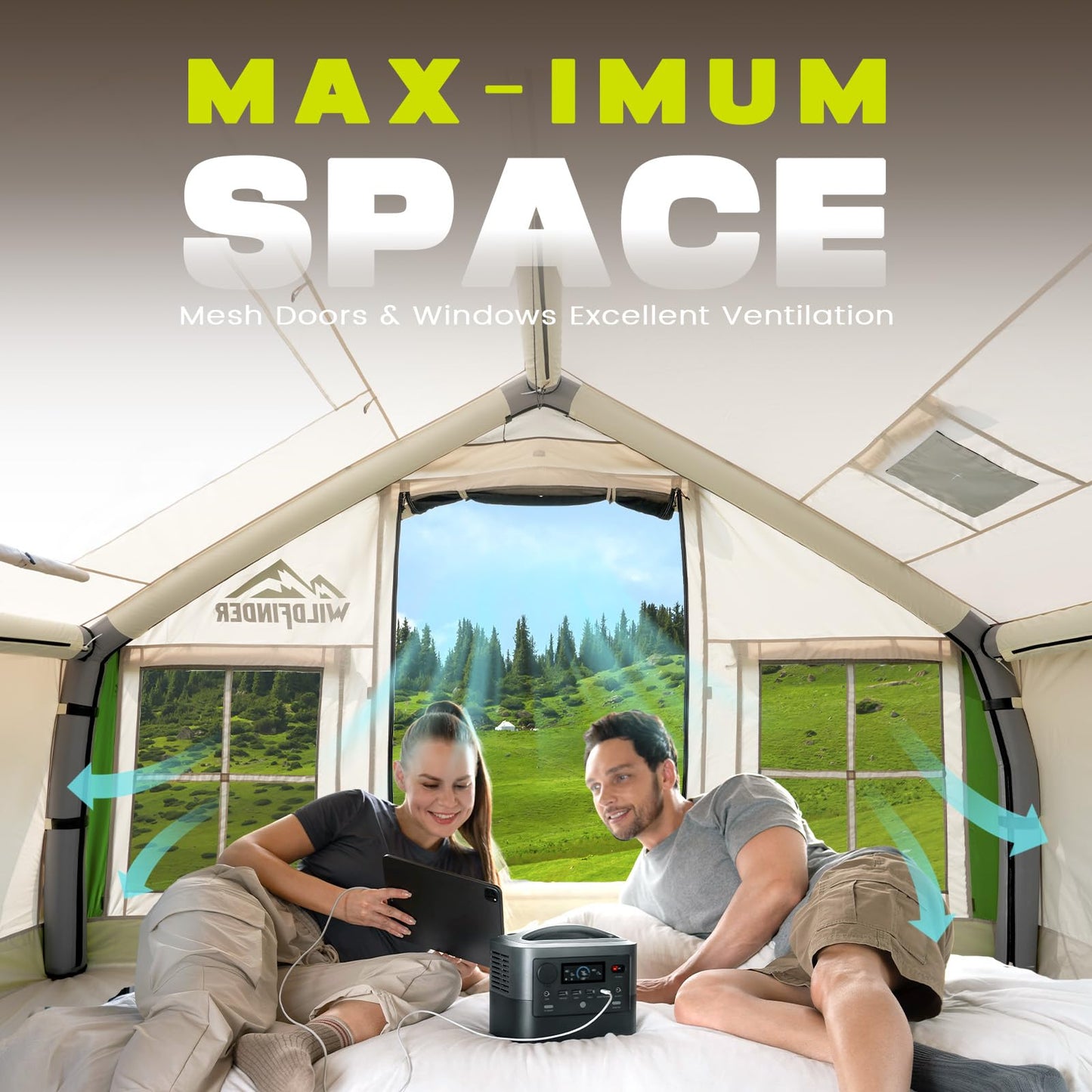 Inflatable Tent with Skylight, Quick Setup Blow Up Tents with Pump, Hot Tent with Stove Jack, Waterproof Oxford Inflatable House for Camping, Air Glamping Tents for Camping Adult