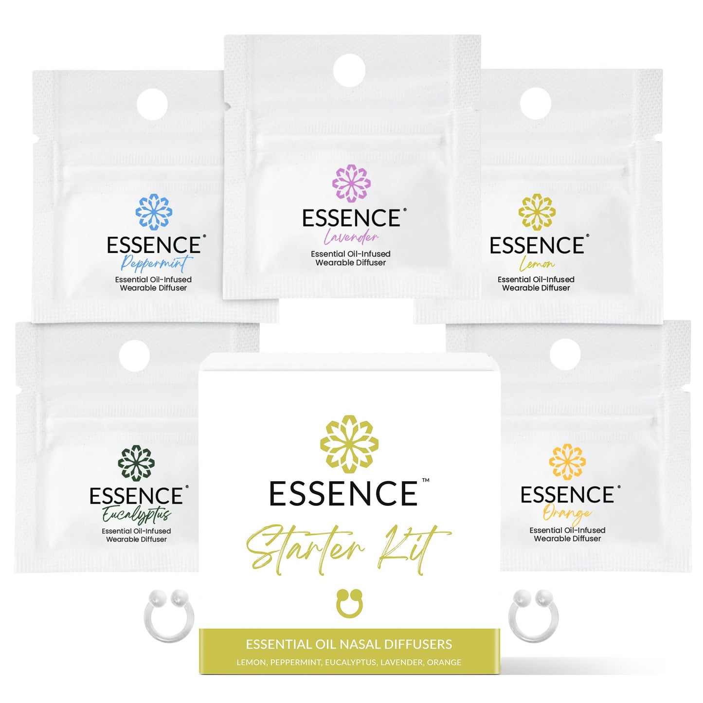 Essence Nasal Diffuser Self Care Bundle – Essential Oil Silicone Nose Rings for Stress, Energy & Mental Clarity – Wearable Aromatherapy Pack for Wellness & Mood Balance