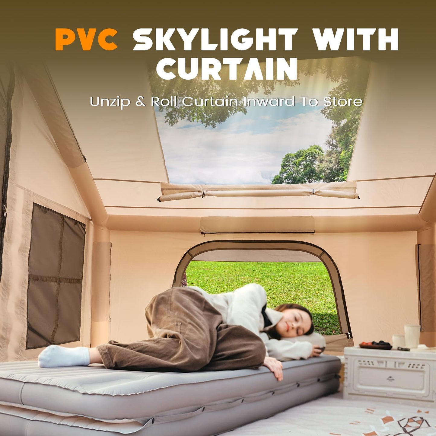 Inflatable Tent with Skylight, Quick Setup Blow Up Tents with Pump, Hot Tent with Stove Jack, Waterproof Oxford Inflatable House for Camping, Air Glamping Tents for Camping Adult