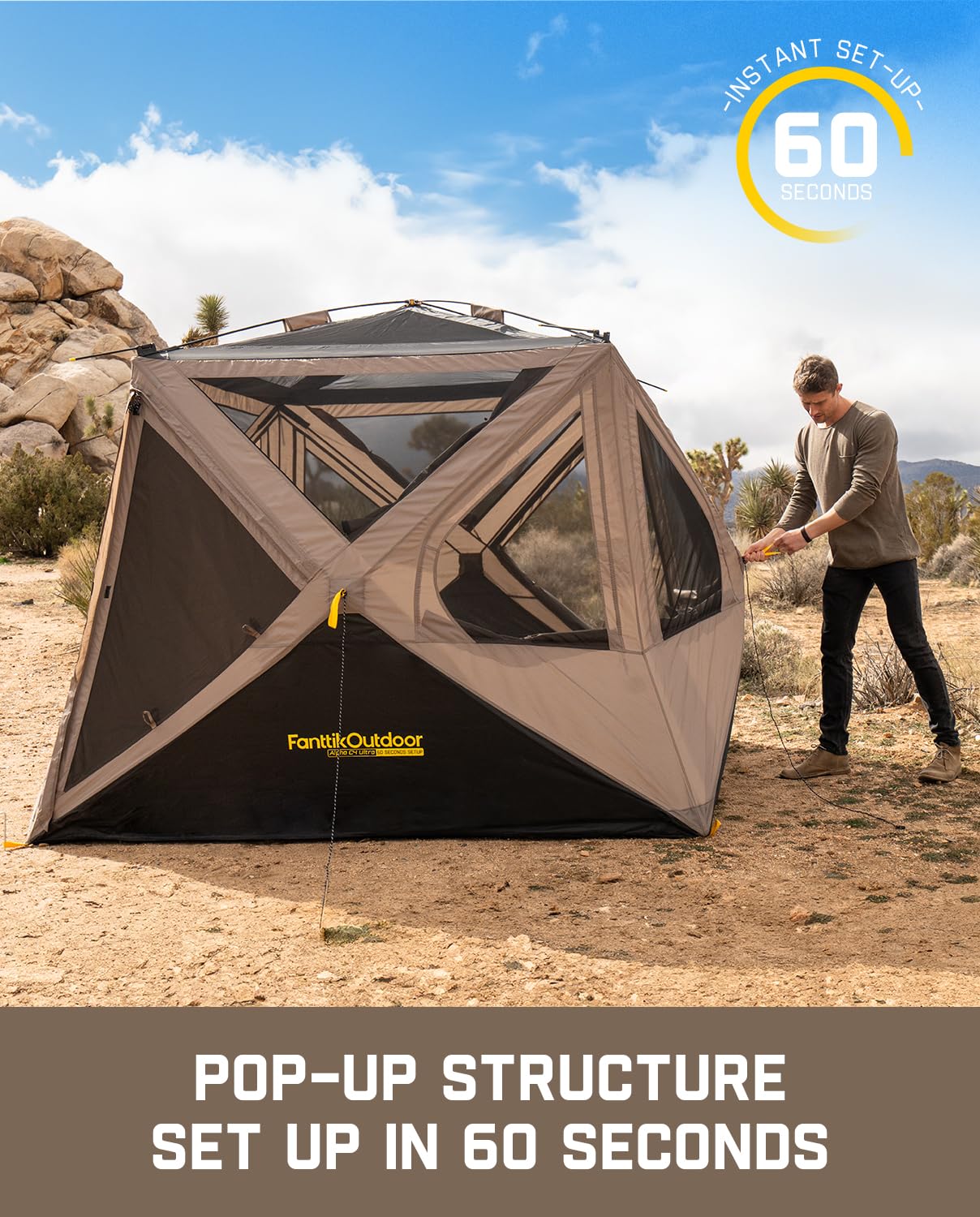 FanttikOutdoor Alpha C4 Ultra Camping Tent 4 Person Pop Up Instant Cabin Setup in 60 Seconds Portable Hub Tent with Rainfly & Windproof for Outdoor Camping & Overlanding