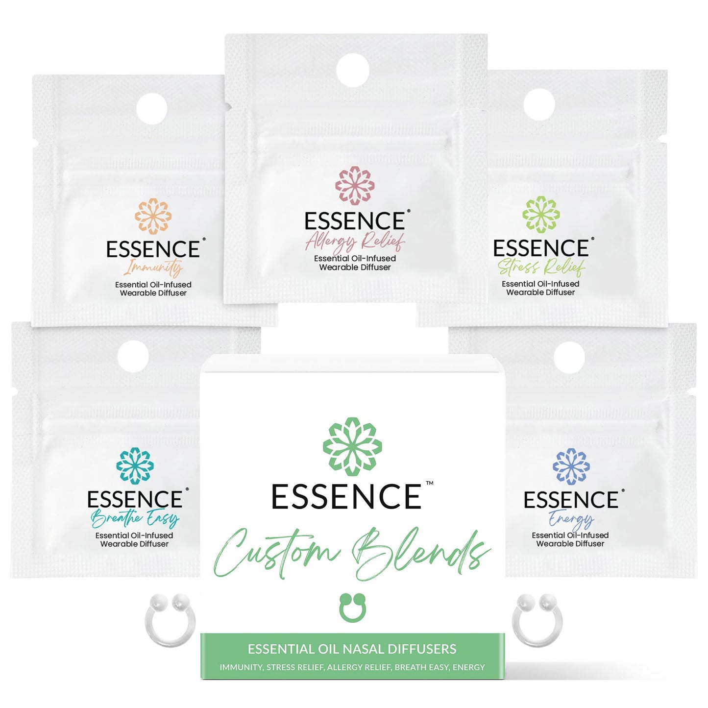 Essence Nasal Diffuser Self Care Bundle – Essential Oil Silicone Nose Rings for Stress, Energy & Mental Clarity – Wearable Aromatherapy Pack for Wellness & Mood Balance