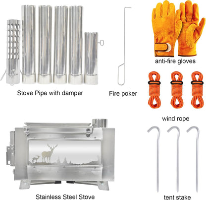 Wood Burning Stove | Portable with Chimney Pipe for Camping