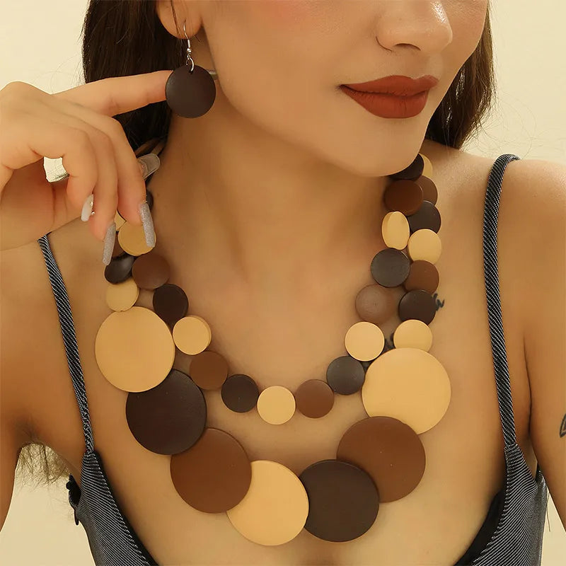 Wood Necklace Earrings Set | Big Colorful, Boho Style