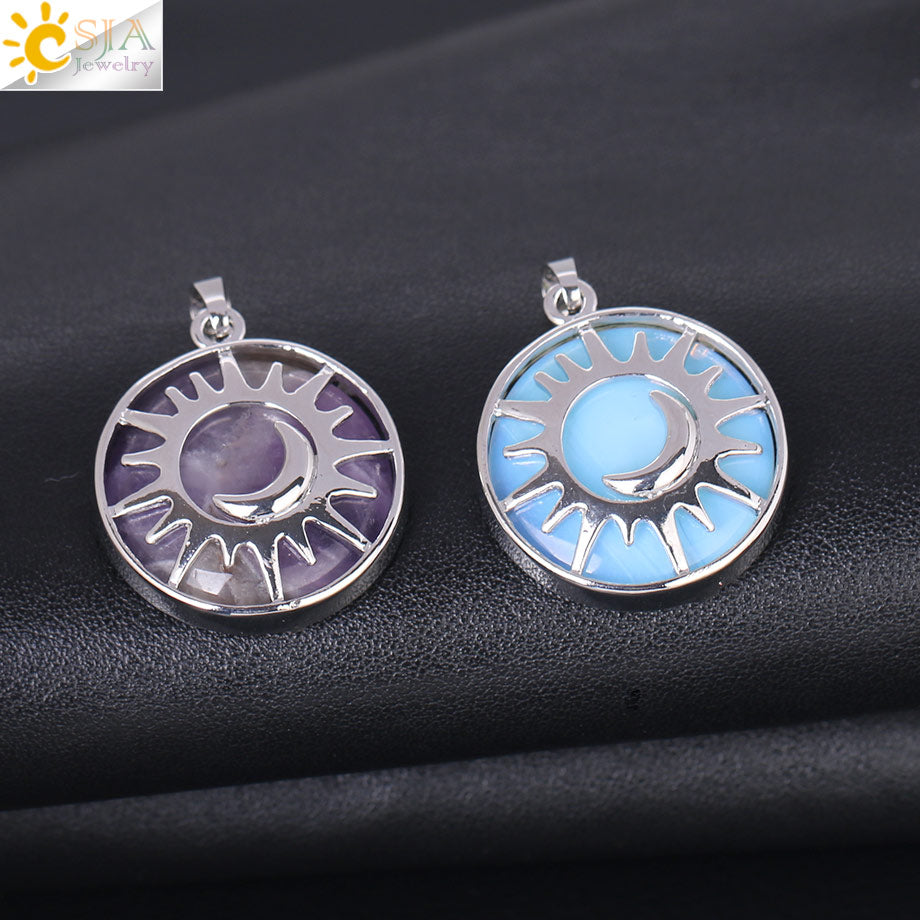 CSJA Sun & Moon Pendant Reiki Healing Natural Stone Purple White Crystal Quartz Beads for Jewelry Making Necklace