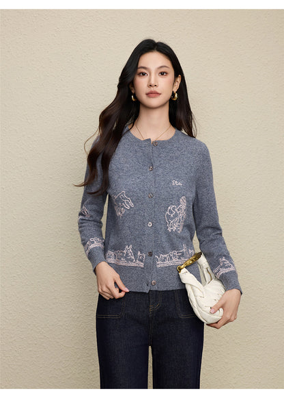 Wool Embroidered Cardigan Sweater | Gray, Dark Blue