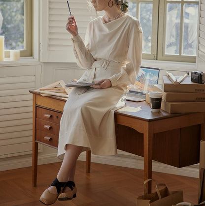Linen Dress | Bamboo Texture, Beige, Mid-Length