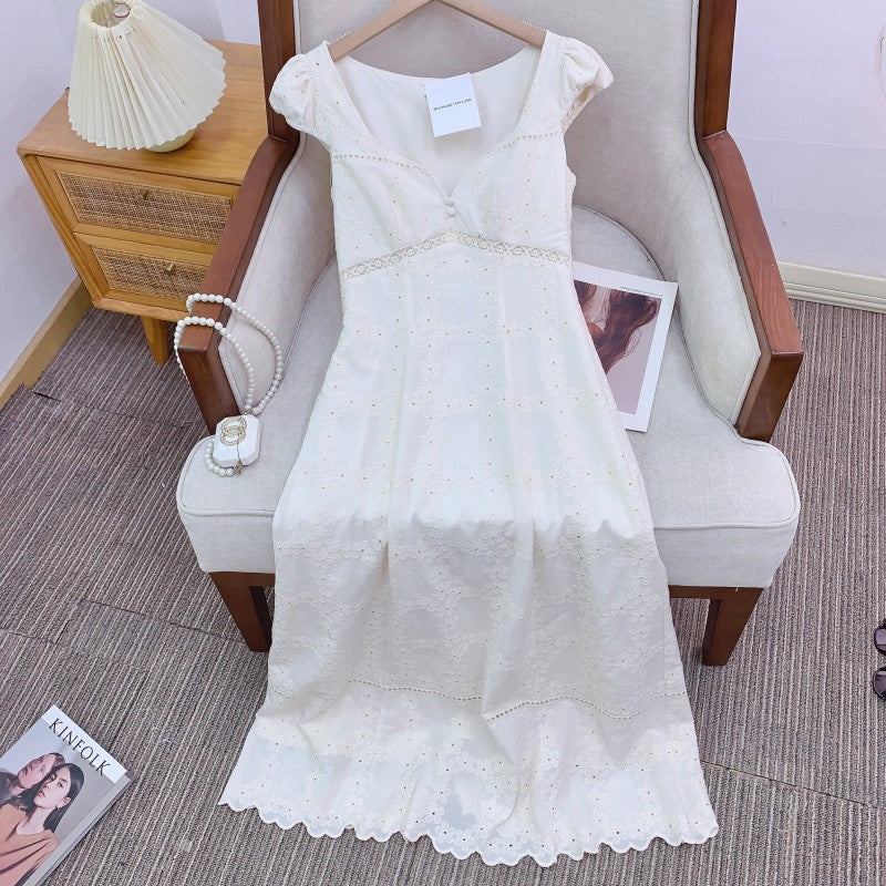 Bohemian Style Cotton Hollow Embroidery Resort Tea Dress with Floral Pattern