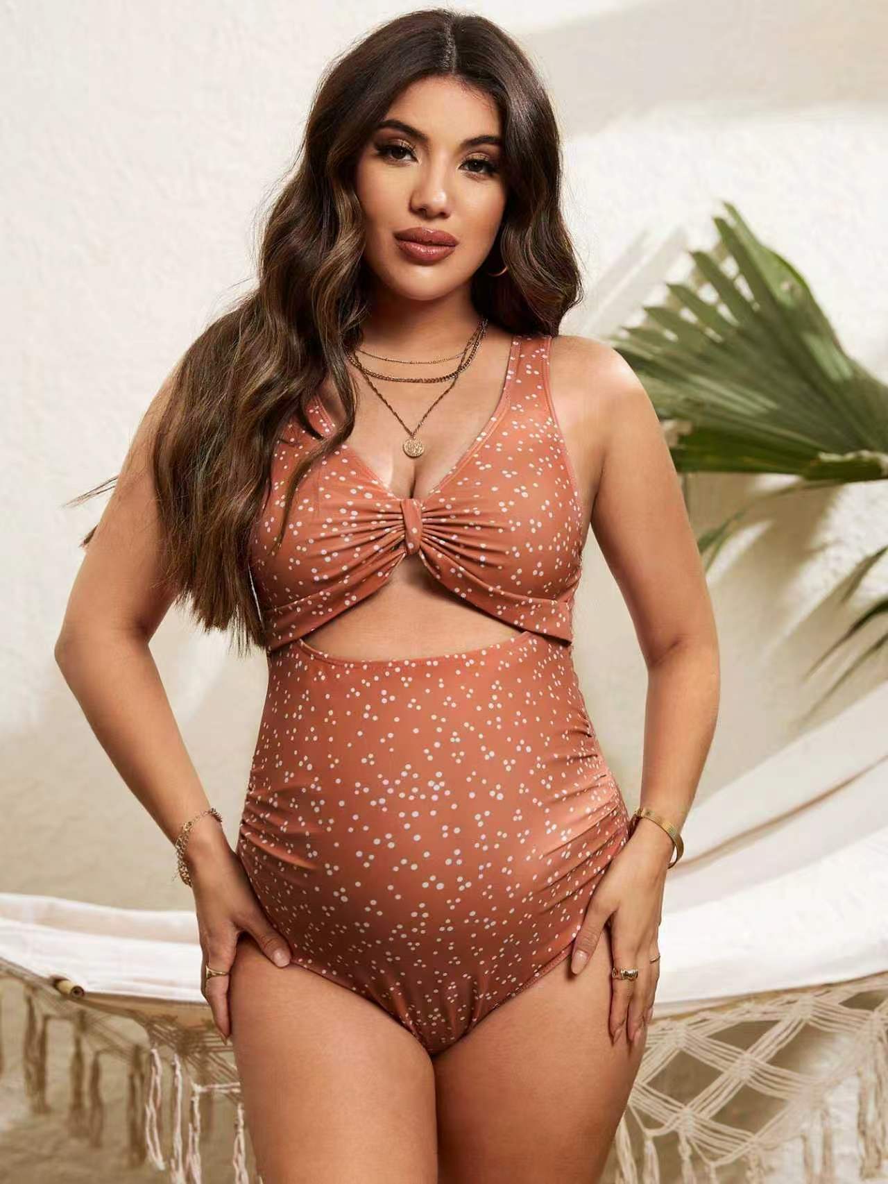 Polyester One-Piece Maternity Swimsuit | Polka Dot, Beige