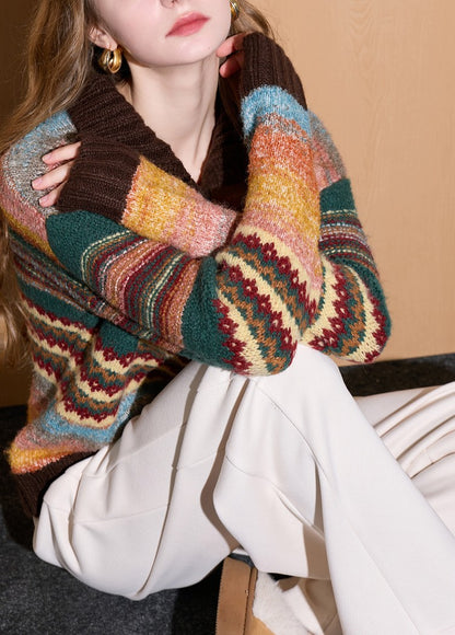 Polyester Knit Sweater | Cream, Rainbow Stripe, Polo Collar