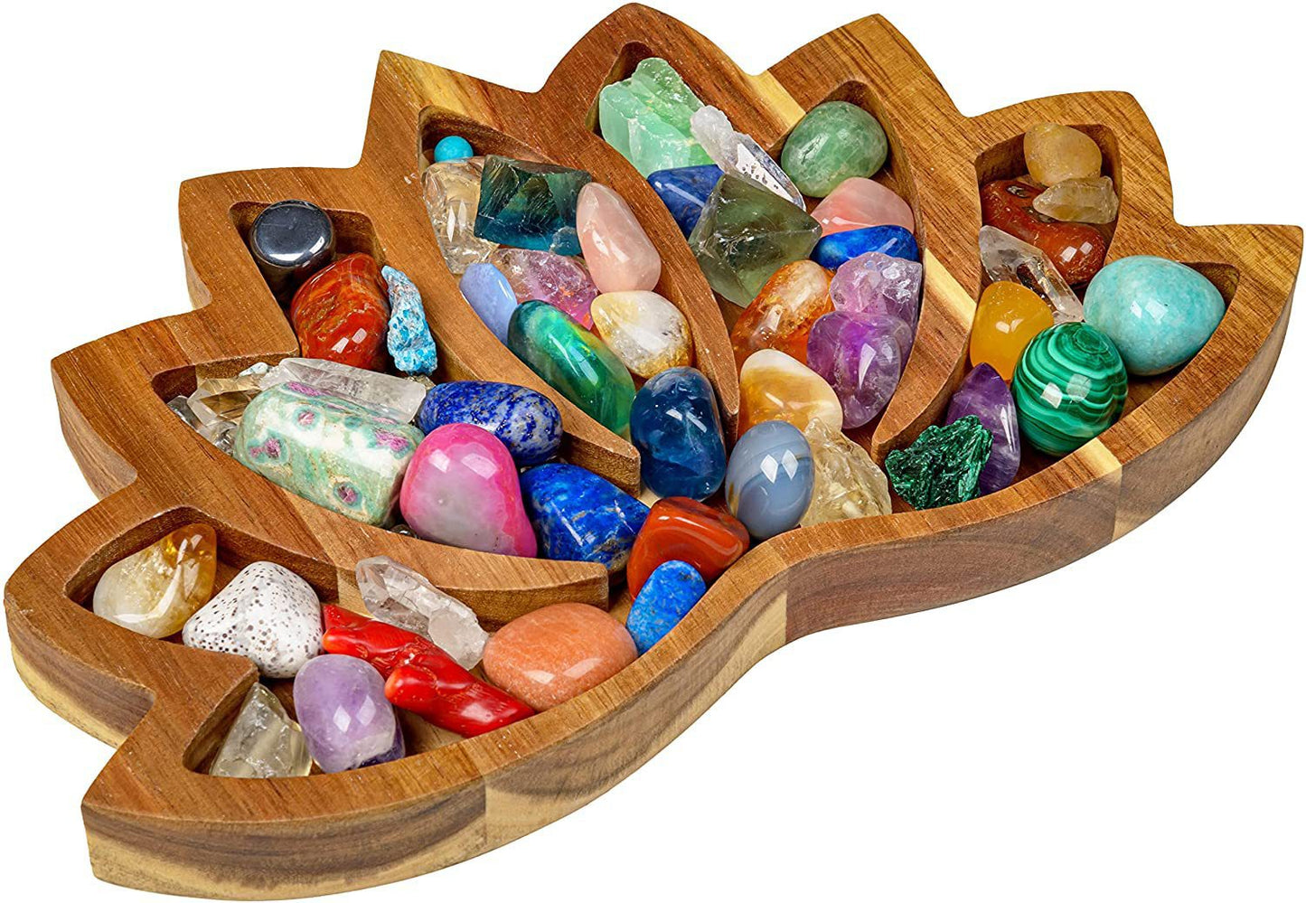 Full Of Crystal Stone Lotus Shape Tray Display Storage Box Pine Wood Handicraft Ornaments