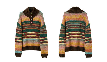 Polyester Knit Sweater | Cream, Rainbow Stripe, Polo Collar