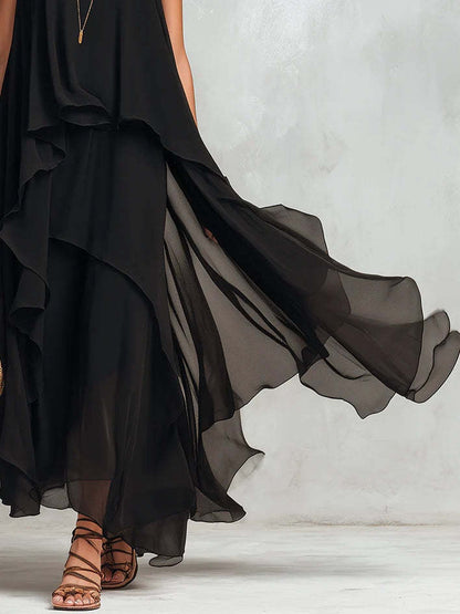 Chiffon Long Dress | Black, Sleeveless, A-line