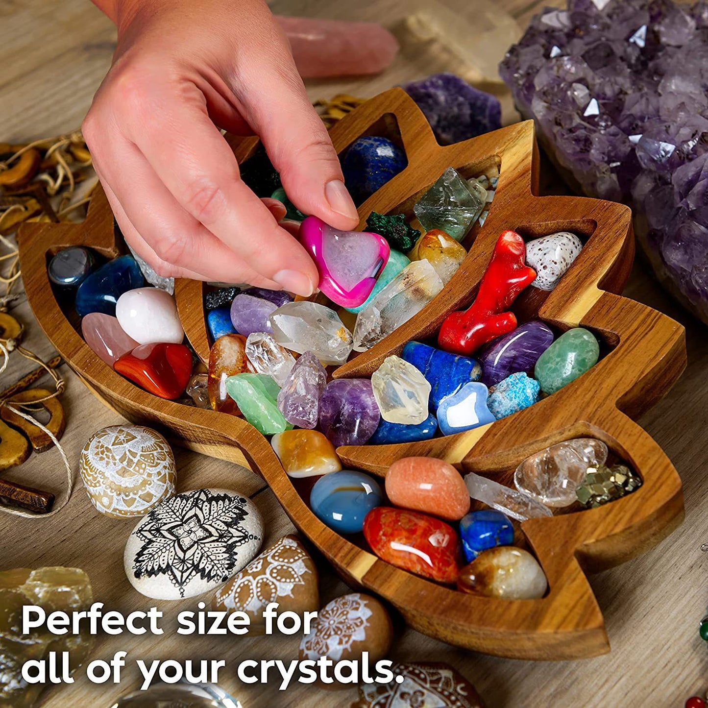 Full Of Crystal Stone Lotus Shape Tray Display Storage Box Pine Wood Handicraft Ornaments