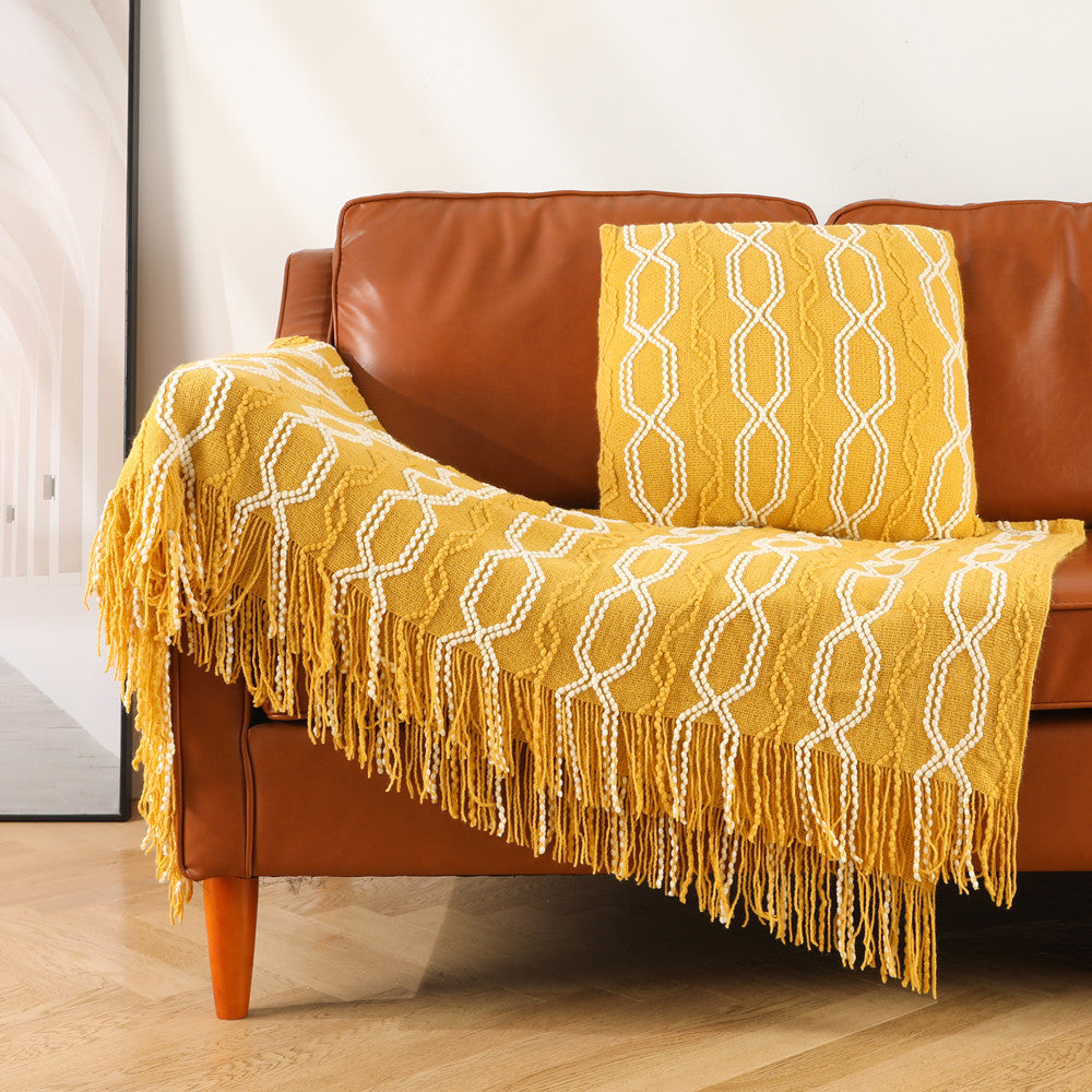 Acrylic Knitted Blanket | Gray, Orange, Beige, Green