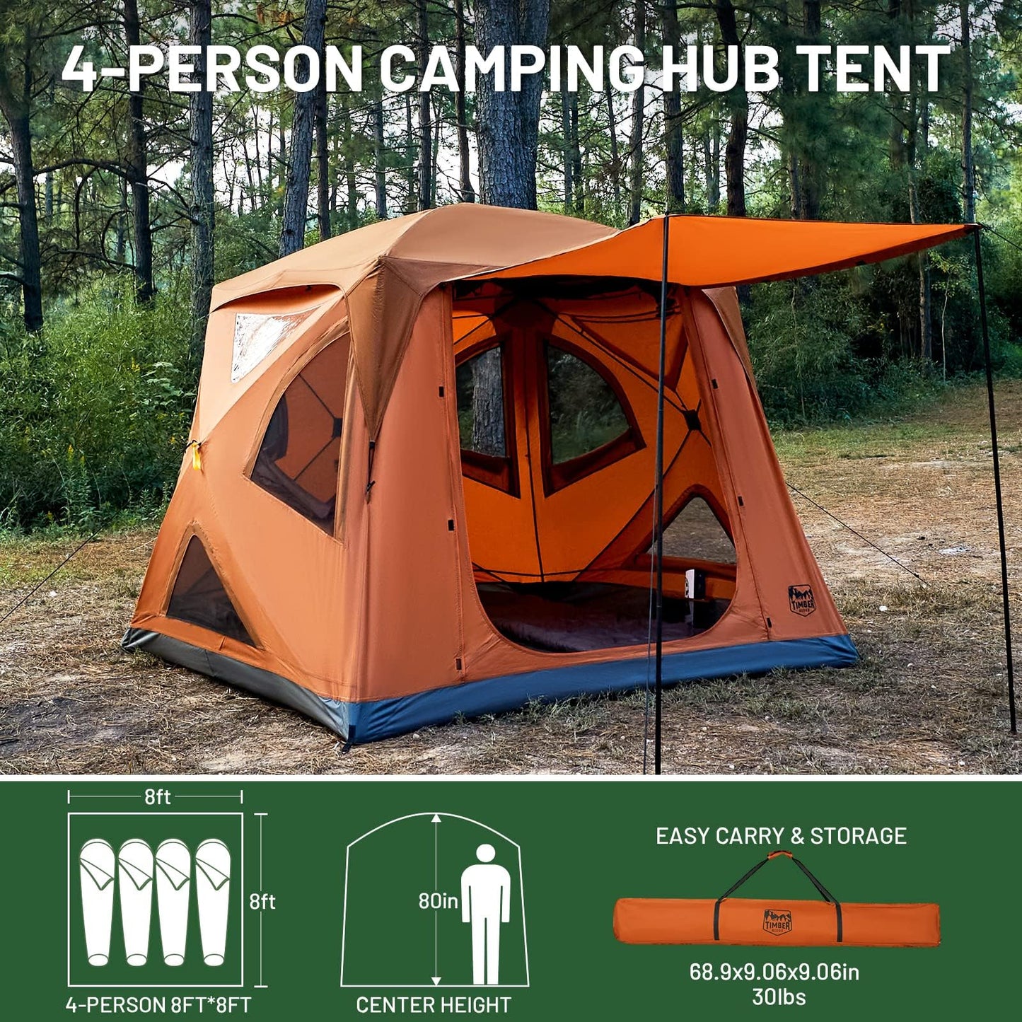 TIMBER RIDGE Camping Tent, 4/6 Person Instant Pop Up Hub Tent with 8 Windows, Easy 60 Second Setup, Weather Resistant Family Cabin Tents with Rain Fly for Camping, Outdoor Travel