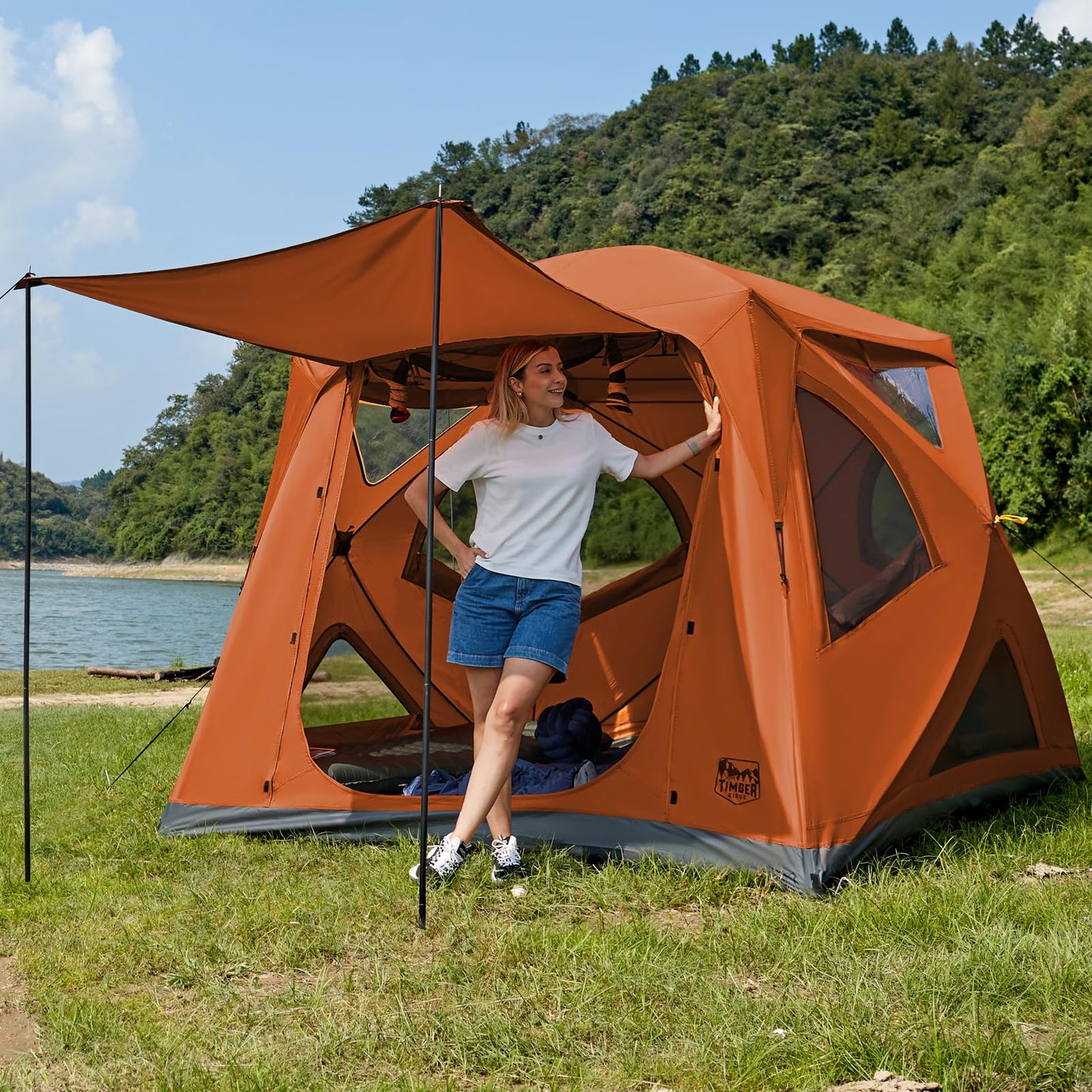 TIMBER RIDGE Camping Tent, 4/6 Person Instant Pop Up Hub Tent with 8 Windows, Easy 60 Second Setup, Weather Resistant Family Cabin Tents with Rain Fly for Camping, Outdoor Travel