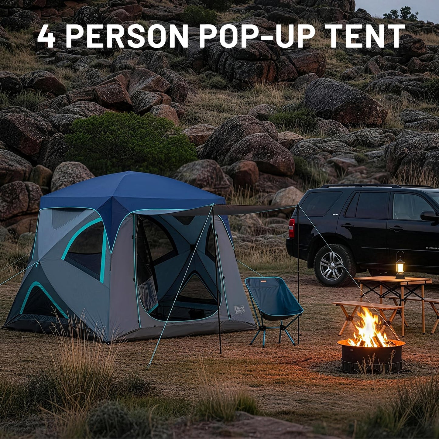 TIMBER RIDGE Camping Tent, 4/6 Person Instant Pop Up Hub Tent with 8 Windows, Easy 60 Second Setup, Weather Resistant Family Cabin Tents with Rain Fly for Camping, Outdoor Travel