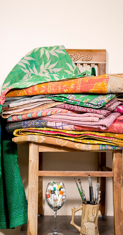 Kantha Quilt | Hand-Stitched Boho Throw from Recycled Saris