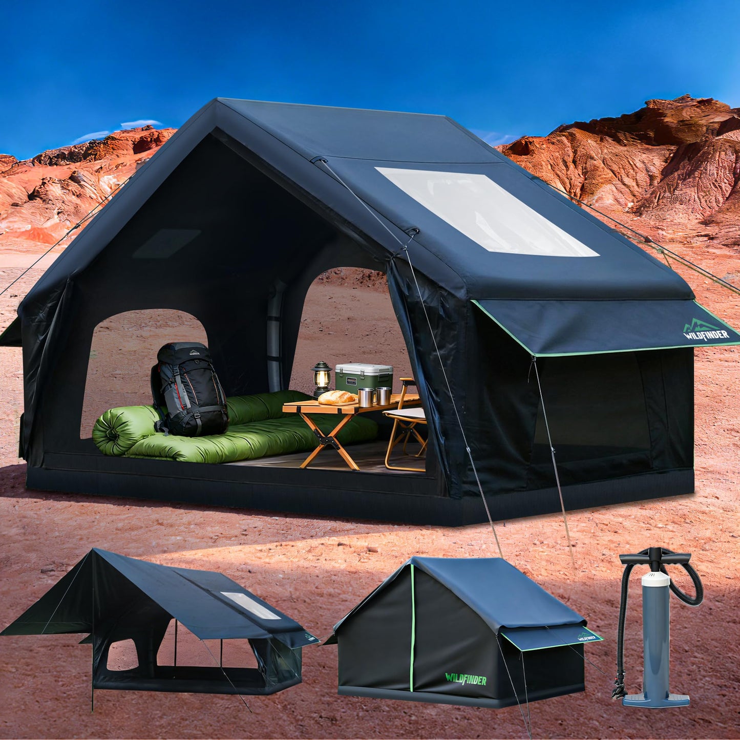 Inflatable Tent with Skylight, Quick Setup Blow Up Tents with Pump, Hot Tent with Stove Jack, Waterproof Oxford Inflatable House for Camping, Air Glamping Tents for Camping Adult