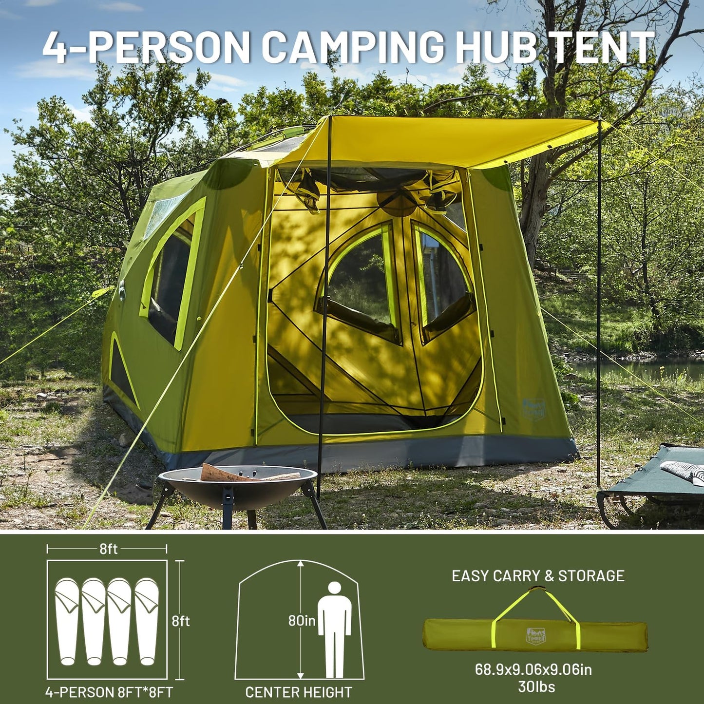 TIMBER RIDGE Camping Tent, 4/6 Person Instant Pop Up Hub Tent with 8 Windows, Easy 60 Second Setup, Weather Resistant Family Cabin Tents with Rain Fly for Camping, Outdoor Travel