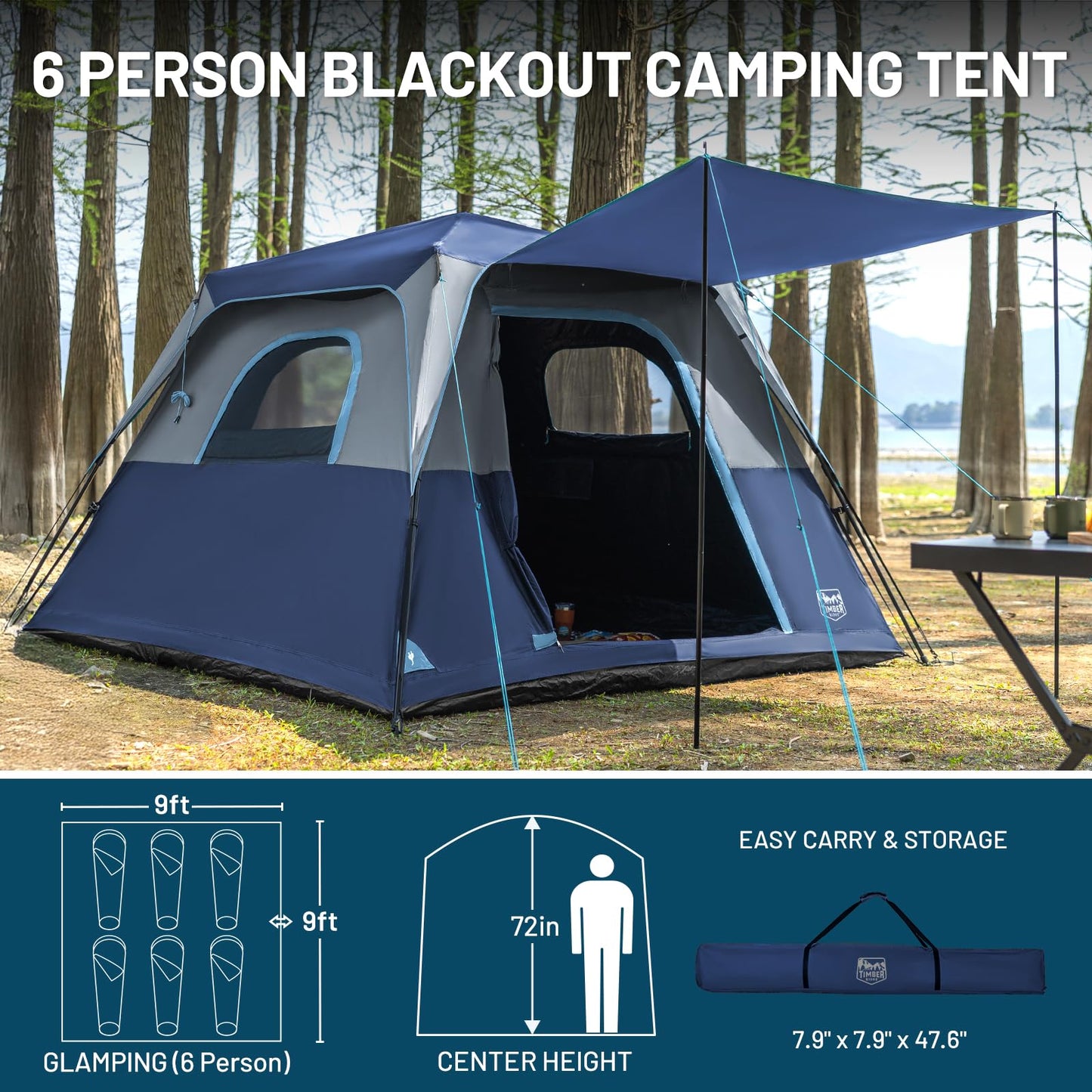 TIMBER RIDGE Camping Tent, 4/6 Person Instant Pop Up Hub Tent with 8 Windows, Easy 60 Second Setup, Weather Resistant Family Cabin Tents with Rain Fly for Camping, Outdoor Travel