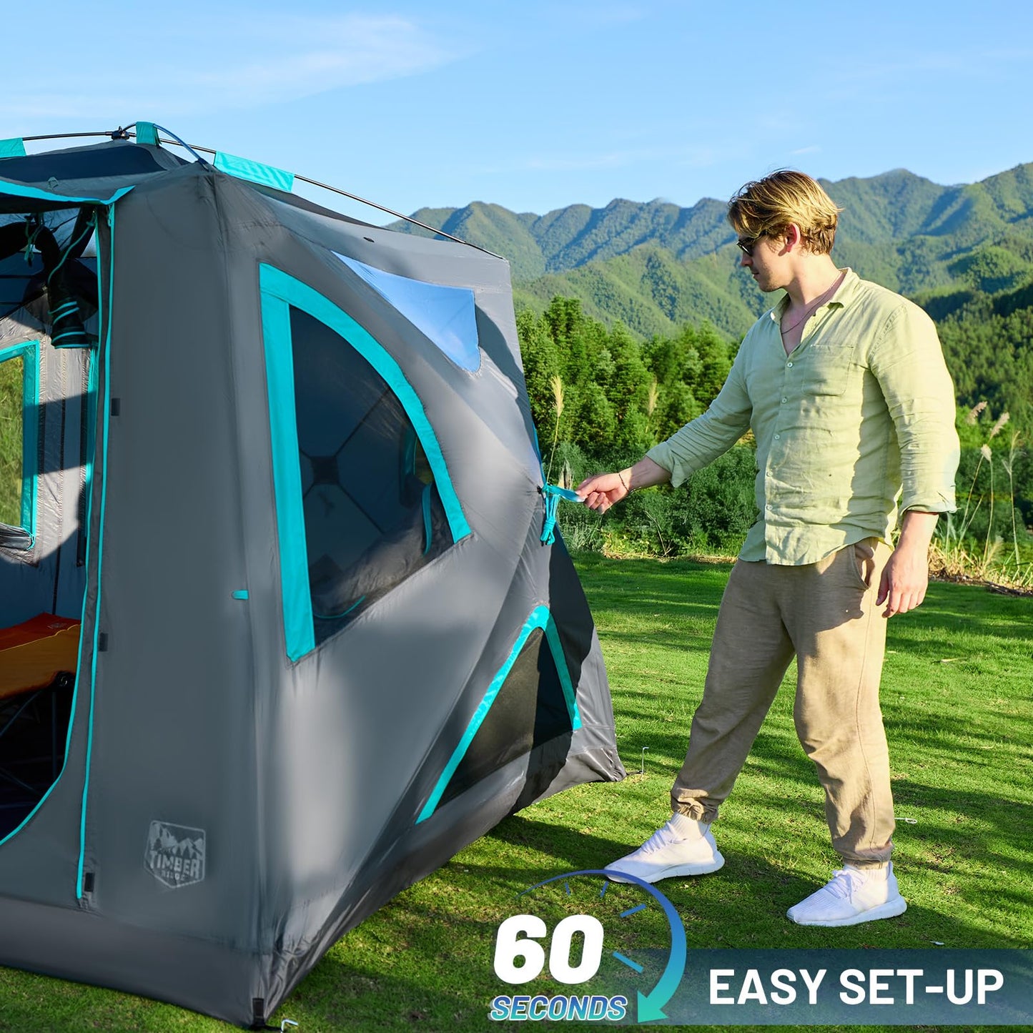 TIMBER RIDGE Camping Tent, 4/6 Person Instant Pop Up Hub Tent with 8 Windows, Easy 60 Second Setup, Weather Resistant Family Cabin Tents with Rain Fly for Camping, Outdoor Travel