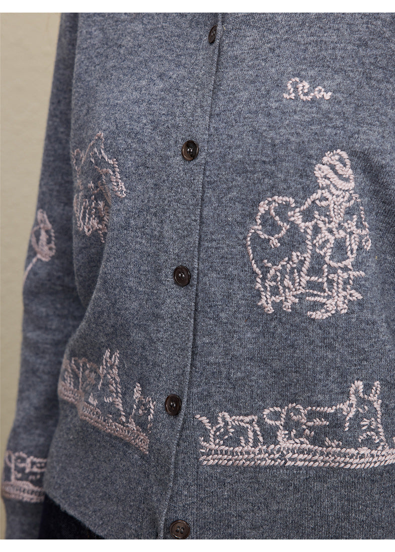 Wool Embroidered Cardigan Sweater | Gray, Dark Blue