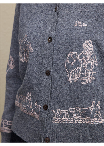 Wool Embroidered Cardigan Sweater | Gray, Dark Blue