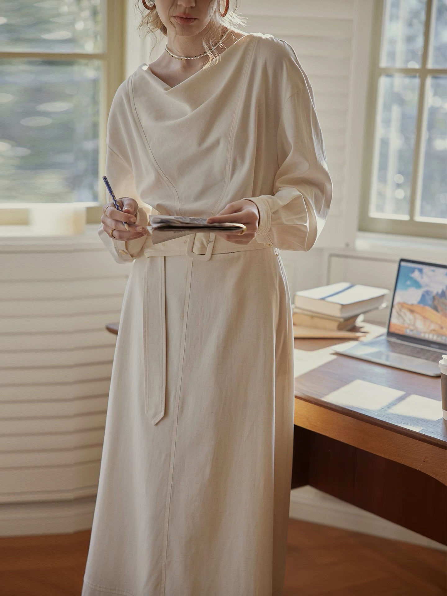 Linen Dress | Bamboo Texture, Beige, Mid-Length