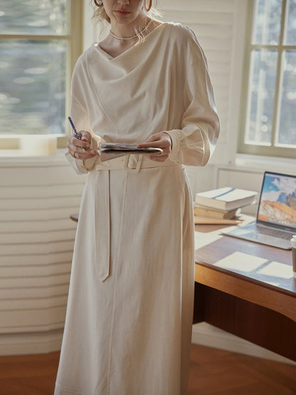 Linen Dress | Bamboo Texture, Beige, Mid-Length