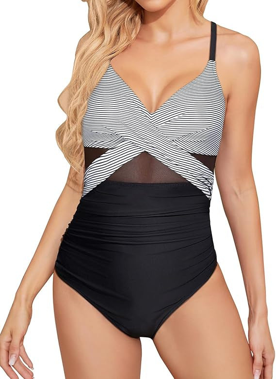 Polyester One-Piece Swimsuit | Pink, Blue, Floral, Striped