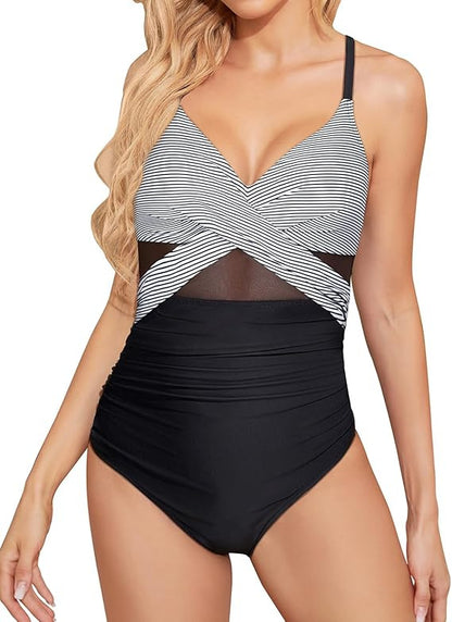 Polyester One-Piece Swimsuit | Pink, Blue, Floral, Striped