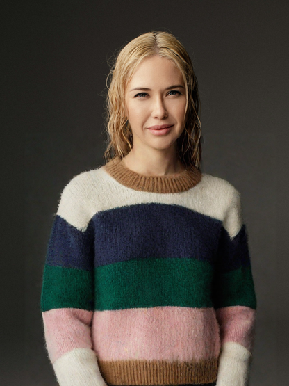 Cotton Round Neck Sweater | Pink & Navy, Loose Fit