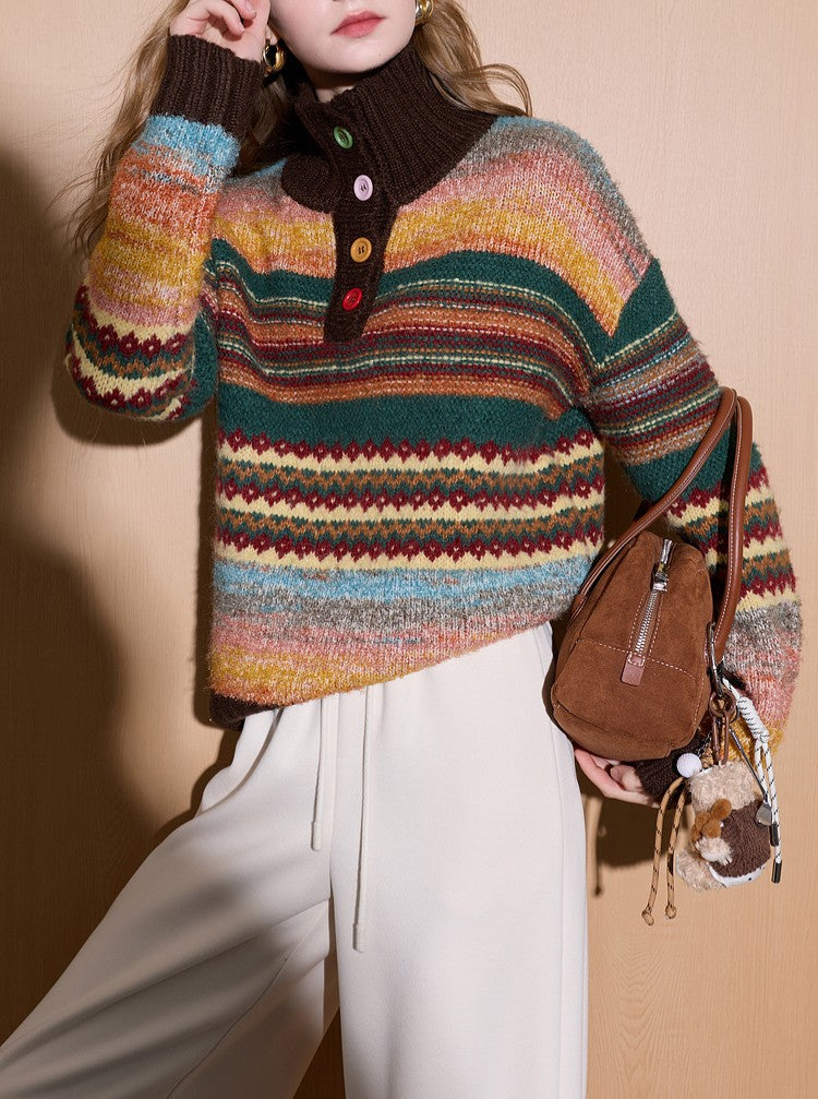 Polyester Knit Sweater | Cream, Rainbow Stripe, Polo Collar