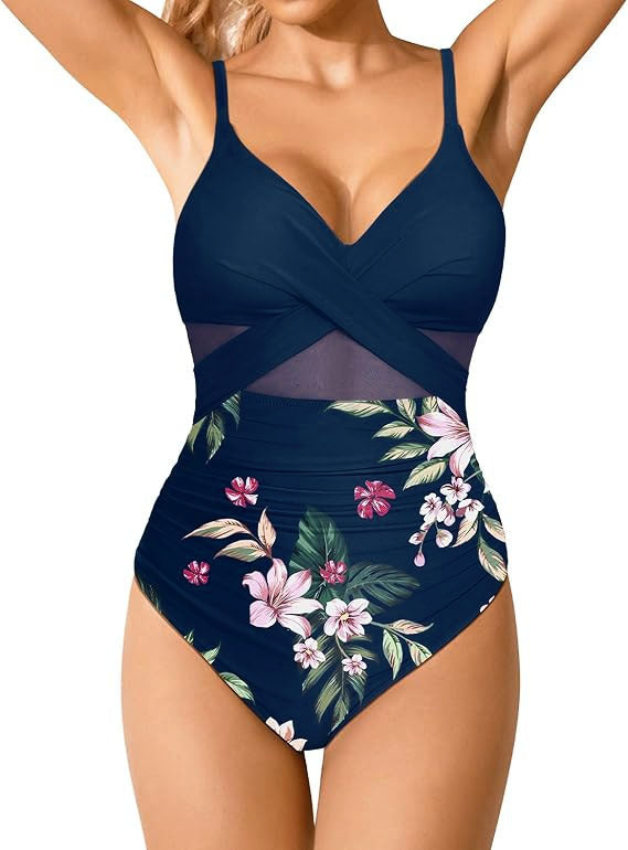 Polyester One-Piece Swimsuit | Pink, Blue, Floral, Striped