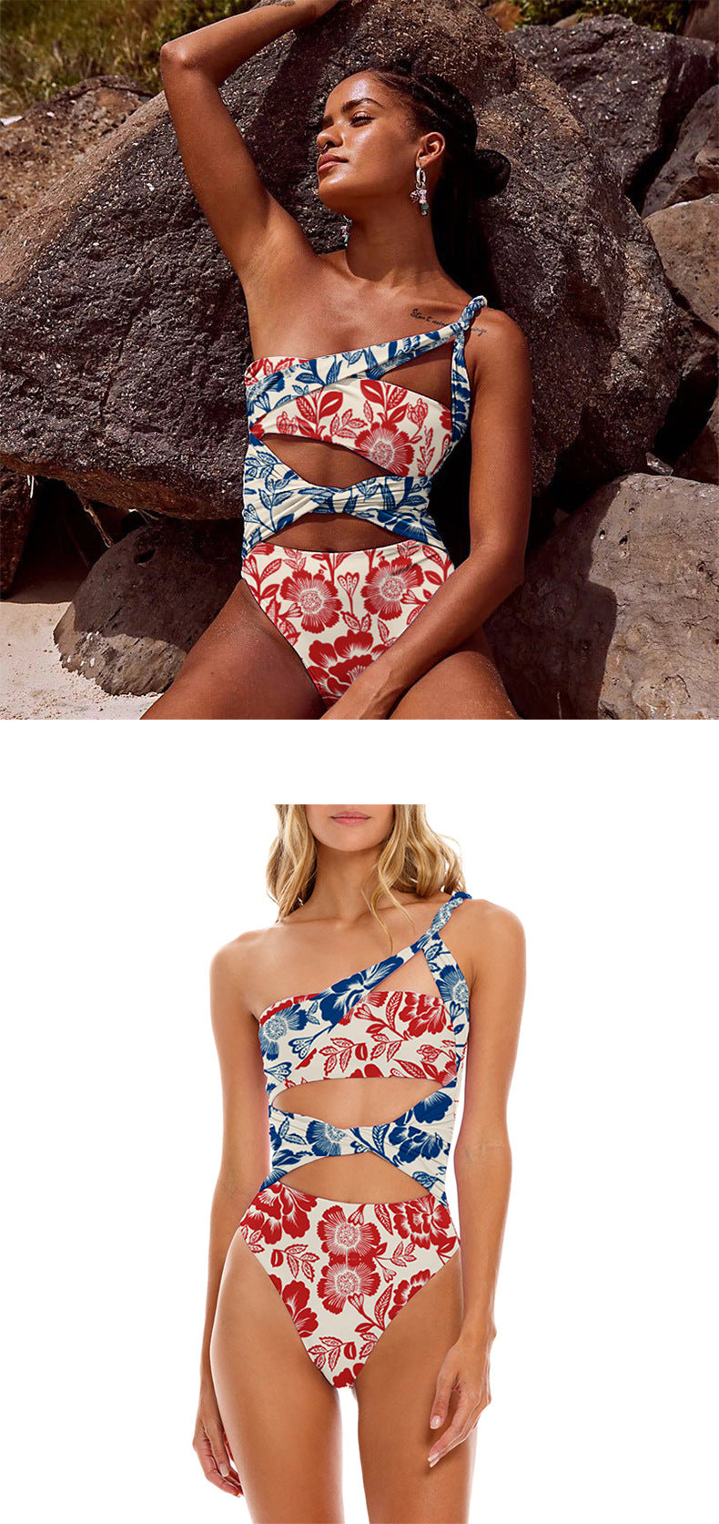 Polyester One-Piece Swimsuit | Red, Floral, Adult
