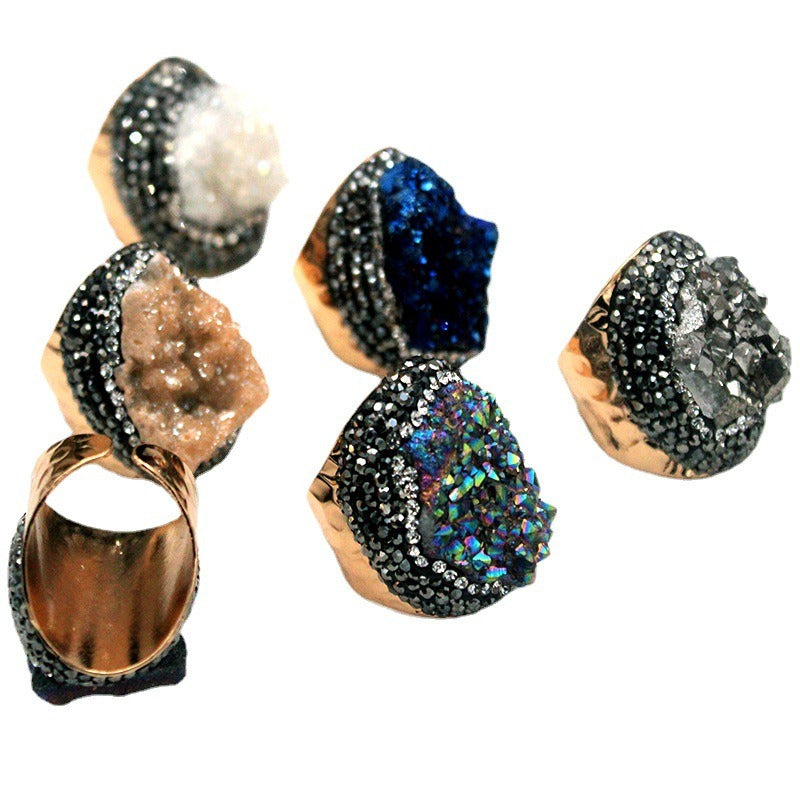Irregular natural crystal cluster ring, original stone crystal set with diamonds, natural stone gold-plated handmade jewelry