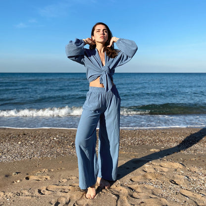 Cotton Bathrobe | Short Length, Off-white & Blue