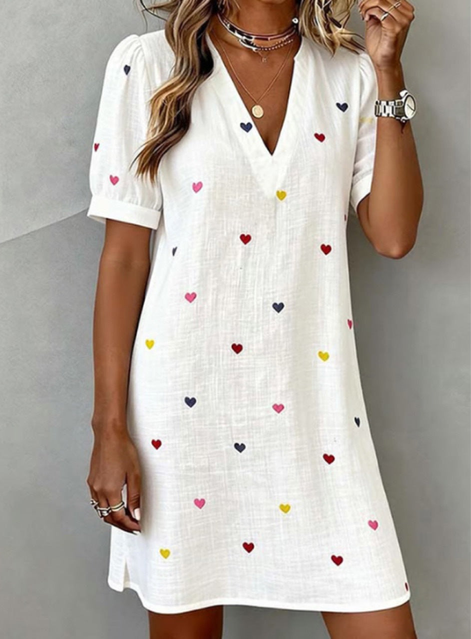 Linen-Cotton Dress | V-Neck, Love Heart Print, Mid-Length
