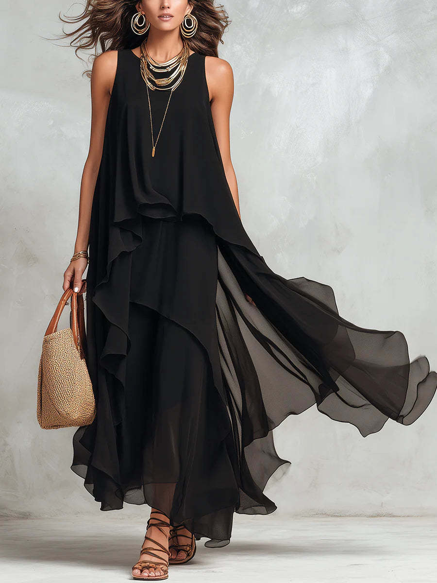 Chiffon Long Dress | Black, Sleeveless, A-line
