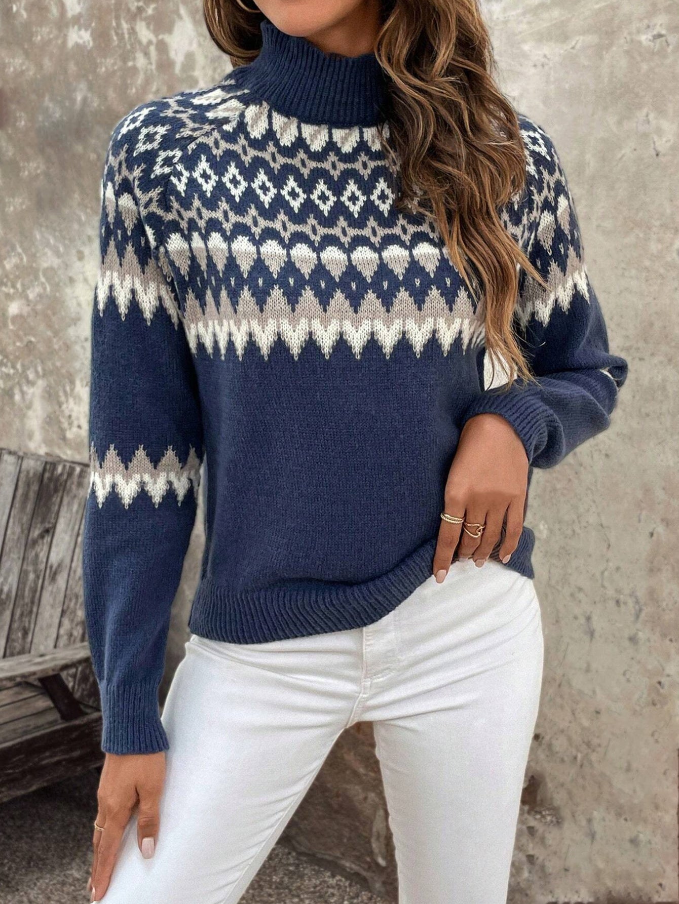 Polyester Sweater | Navy Blue, Red, Long Sleeve, Casual